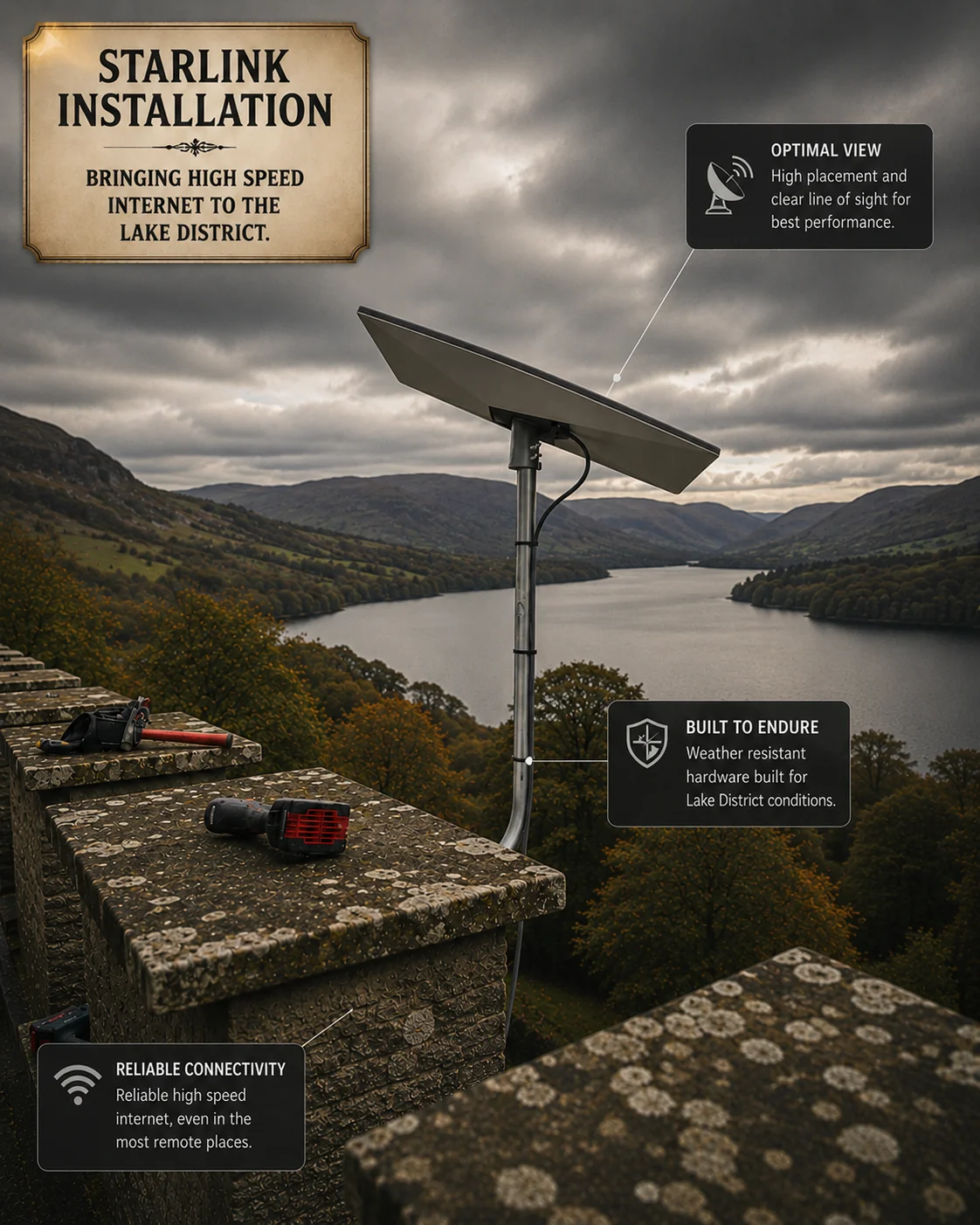 Annotated diagram of a professionally pole-mounted Starlink dish on a Lake District stone garden wall overlooking a lake and rolling autumnal fells, with three callout cards labelling Optimal View (high placement and clear line of sight for best performance), Built to Endure (weather-resistant hardware built for Lake District conditions) and Reliable Connectivity (reliable high-speed internet, even in the most remote places), plus the ornate 'Starlink Installation — bringing high speed internet to the Lake District' banner top-left