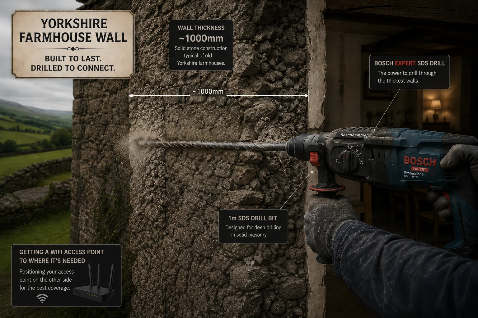 A 1-metre Bosch SDS drill bit boring through a 1000 mm thick Yorkshire farmhouse stone wall to run a Cat6a cable for a WiFi access point on the other side