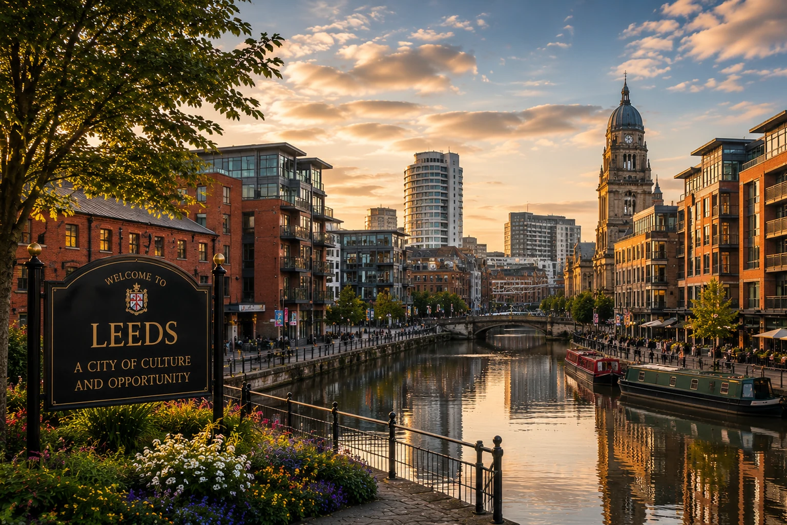Leeds city canal at golden hour — 'Welcome to Leeds' sign in the foreground, Victorian red-brick canal-side apartments and a Town-Hall-style clock tower behind, narrowboats moored along the waterfront — area served by Geek Fix WiFi & network installers
