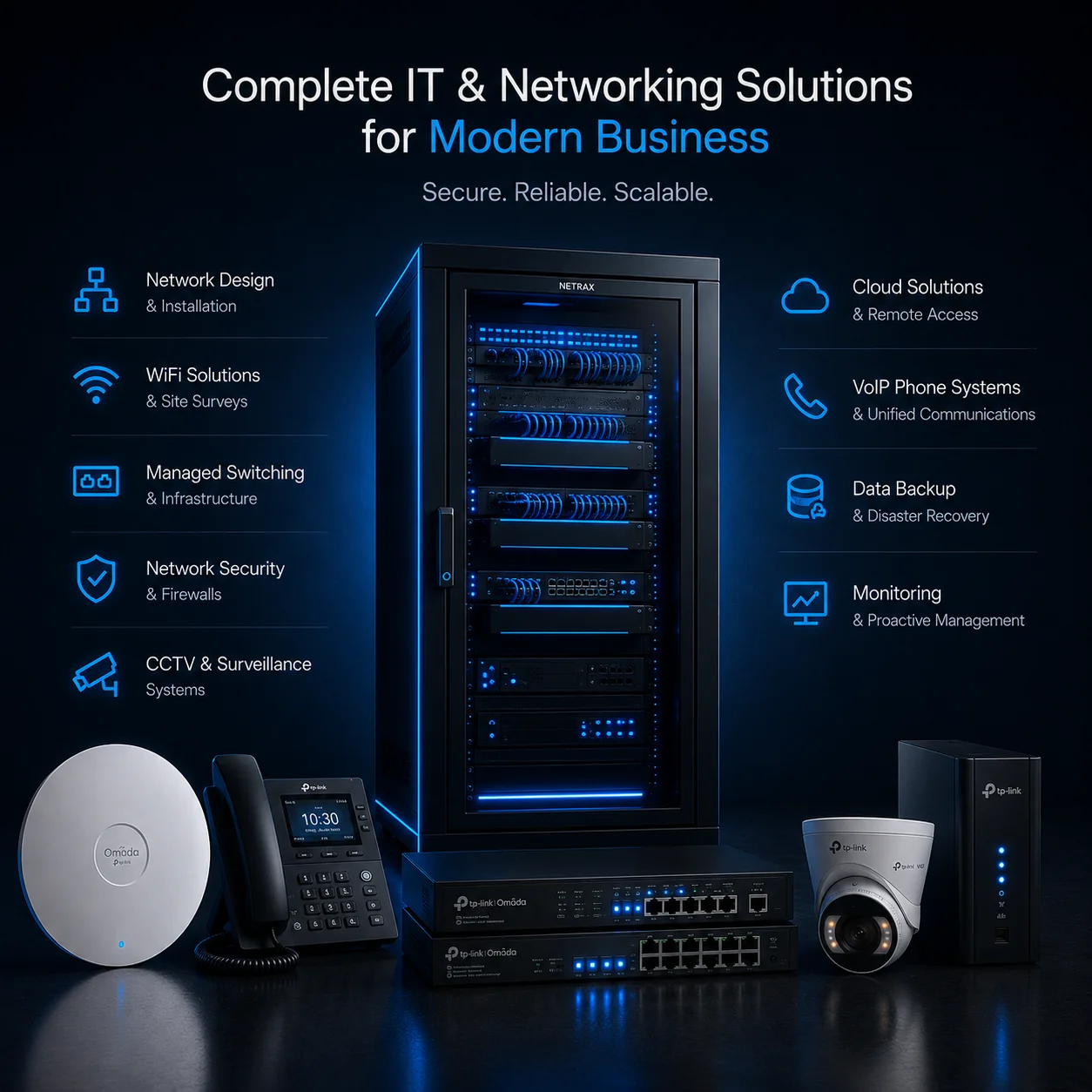 Complete IT & networking solutions for modern business — Geek Fix Yorkshire installs TP‑Link Omada switches, WiFi access points, VoIP phones and VIGI CCTV cameras with managed switching, firewalls, structured cabling and remote management.