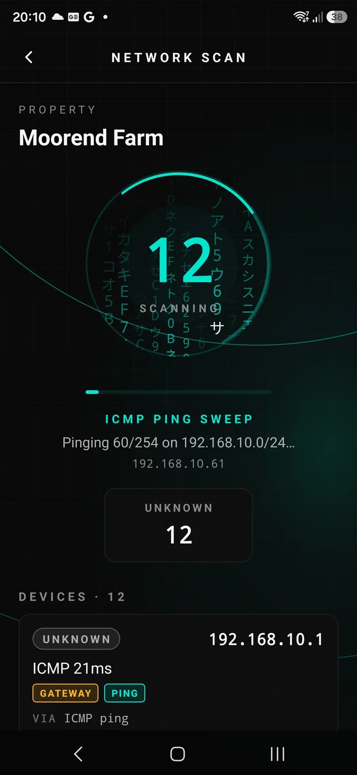 SignalMetrics app network-scan screen for a property called Moorend Farm, ICMP ping sweep in progress at 60 of 254 addresses on 192.168.10.0/24, 12 devices discovered so far including the gateway at 192.168.10.1
